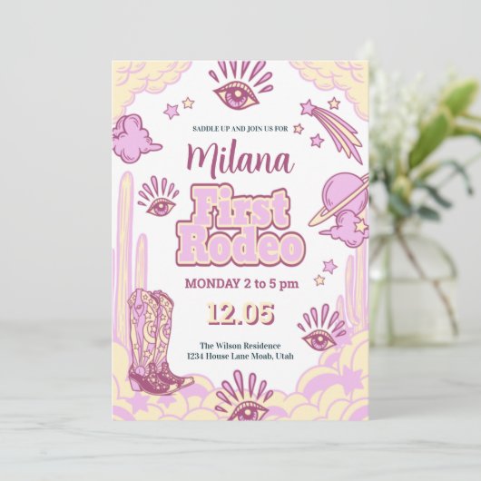 女性のカーボーイファーストロデオウェスタン誕生日招待状 招待状 (スタンド正面)