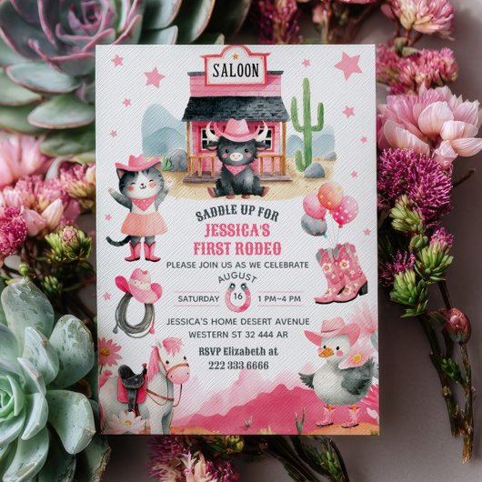 女性のカーボーイファーストロデオピンクウェスタンバースデーパーティー 招待状
