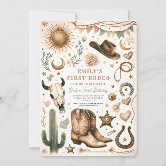 女性のカーボーイファーストロデオファースト誕生日1st 招待状 (正面)