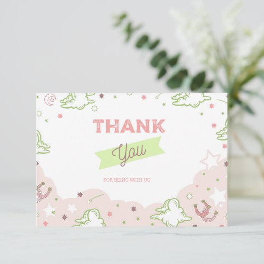 女性のカーボーイファーストロデオ誕生日サンキューカード 招待状 (スタンド正面)