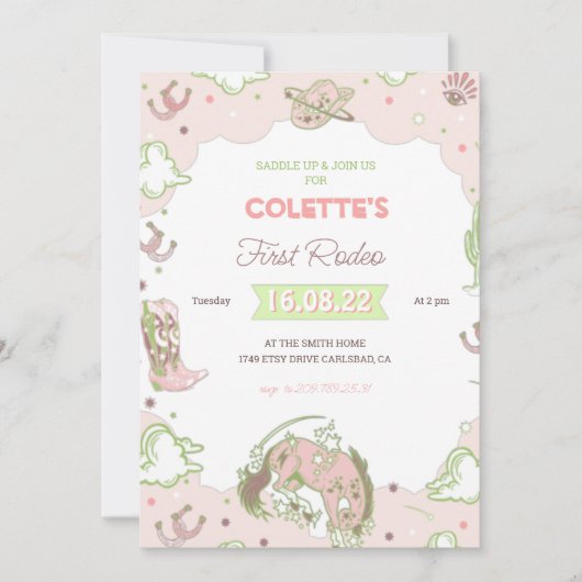 女性のカーボーイファーストロデオ誕生日招待状 招待状 (正面)
