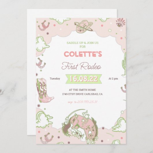 女性のカーボーイファーストロデオ誕生日招待状 招待状 (正面/裏面)