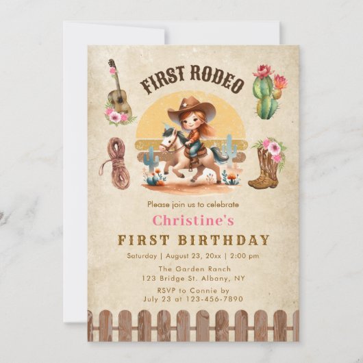 女性のカーボーイファースト・ロデオ1st誕生日招待状 招待状 (正面)