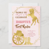 女性のカーボーイファースト・ロデオ・ピンクと金ゴールド誕生日招待状 招待状 (正面)