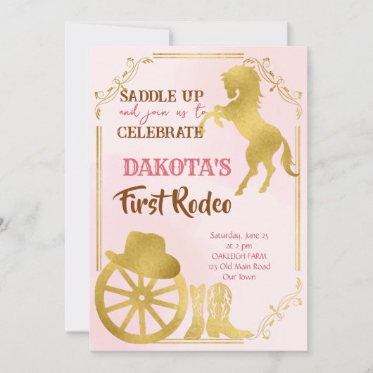 女性のカーボーイファースト・ロデオ・ピンクと金ゴールド誕生日招待状 招待状 (正面)