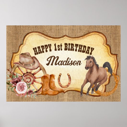 女性のカーボーイファースト・ロデオ・ファーム・ウマの誕生日パーティー ポスター (正面)