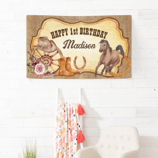 女性のカーボーイファーストrodeo馬テーマの誕生日パーティー 横断幕 (インサイチュ)