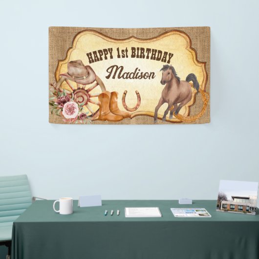 女性のカーボーイファーストrodeo馬テーマの誕生日パーティー 横断幕 (トレードショー)