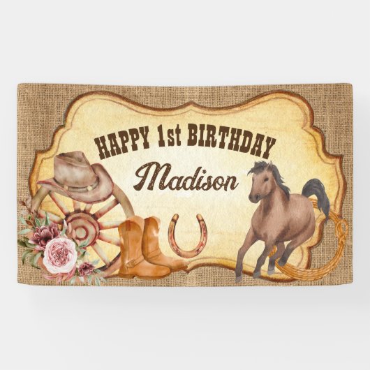 女性のカーボーイファーストrodeo馬テーマの誕生日パーティー 横断幕 (横)