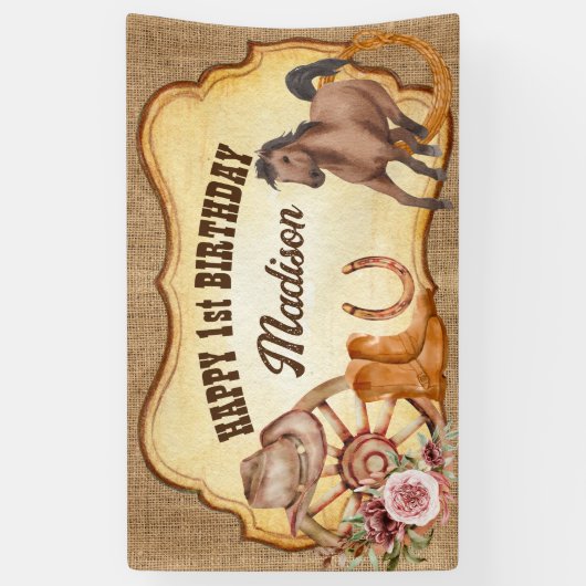 女性のカーボーイファーストrodeo馬テーマの誕生日パーティー 横断幕 (縦)