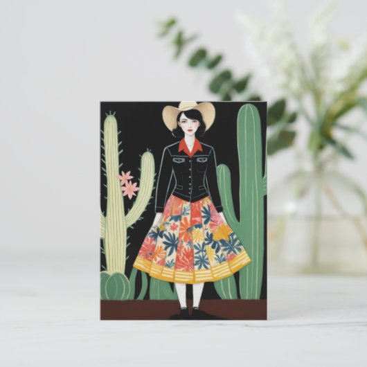 女性のカーボーイフローラスカートとサボテン ポストカード (スタンド正面)