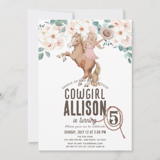 女性のカーボーイフローラロデオウエスタンポニーライド誕生日 招待状 (正面)