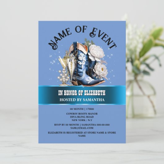 女性のカーボーイブーツきらきら光るブルー白牡丹フラワーシック 招待状 (スタンド正面)