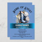 女性のカーボーイブーツきらきら光るブルー白牡丹フラワーシック 招待状 (正面/裏面)