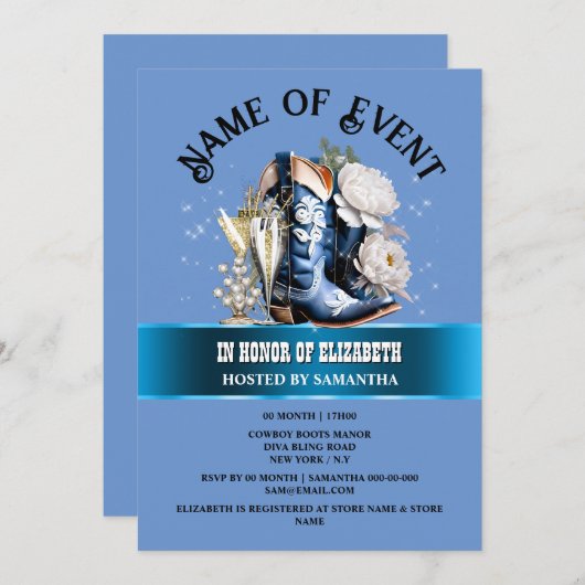 女性のカーボーイブーツきらきら光るブルー白牡丹フラワーシック 招待状 (正面/裏面)