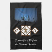 女性のカーボーイブーツとカウボーイハットモノグラムフォト キッチンタオル (縦)