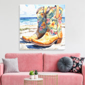 女性のカーボーイブーツとハワイアンフローラ水彩 キャンバスプリント (インサイチュ (リビング))