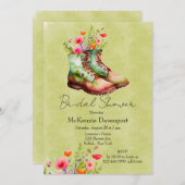 女性のカーボーイブーツとワイルドフラワーブライダルシャワー 招待状 (正面/裏面)