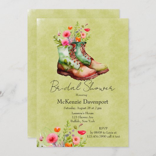 女性のカーボーイブーツとワイルドフラワーブライダルシャワー 招待状 (正面/裏面)
