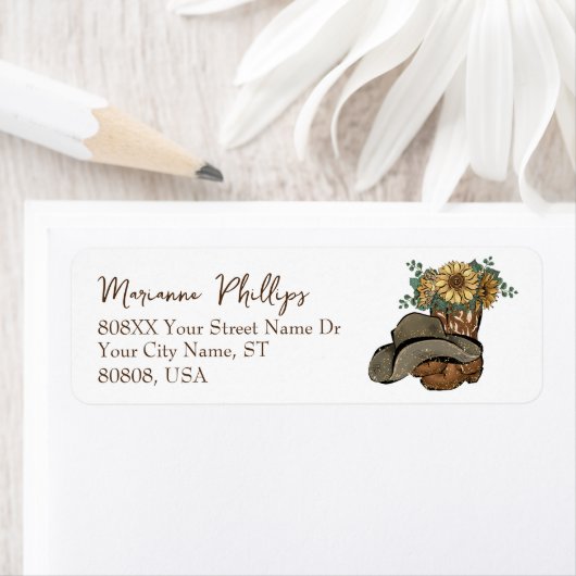 女性のカーボーイブーツと帽子(ひまわり) ラベル (インサイチュ)