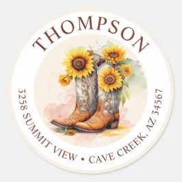 女性のカーボーイブーツひまわり差出人住所ラベル ラウンドシール