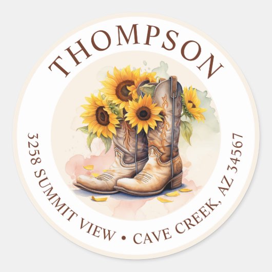 女性のカーボーイブーツひまわり差出人住所ラベル ラウンドシール (正面)