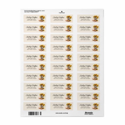 女性のカーボーイブーツひまわり差出人住所ラベル ラベル (フルシート)