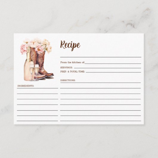 女性のカーボーイブーツカントリーピオニーブライダルシャワーレシピ エンクロージャーカード (正面)