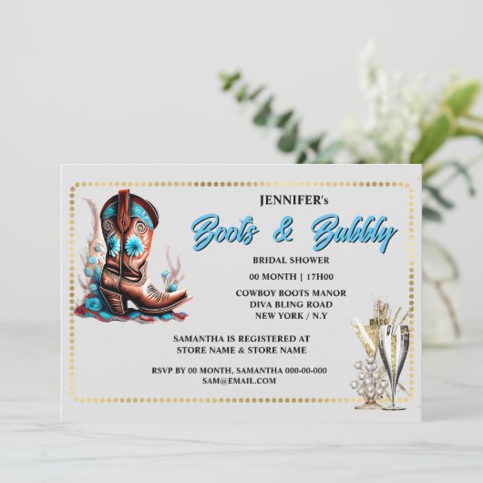 女性のカーボーイブーツガラスバブリーフローラ金ゴールドフレームシック 招待状 (スタンド正面)