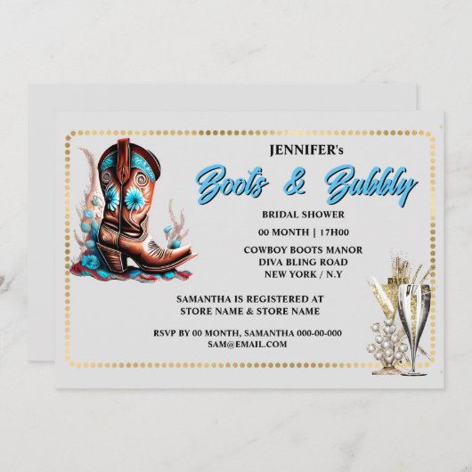 女性のカーボーイブーツガラスバブリーフローラ金ゴールドフレームシック 招待状 (正面/裏面)