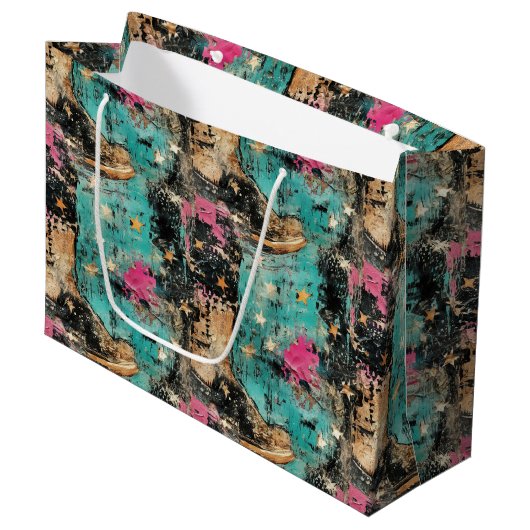 女性のカーボーイブーツスターズアートレトロパターン ラージペーパーバッグ (正面アングル)