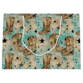 女性のカーボーイブーツスターズブラウンブルーレトロパターン ラージペーパーバッグ (正面)