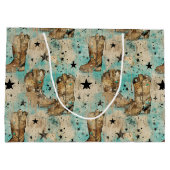 女性のカーボーイブーツスターズブラウンブルーレトロパターン ラージペーパーバッグ (裏面)