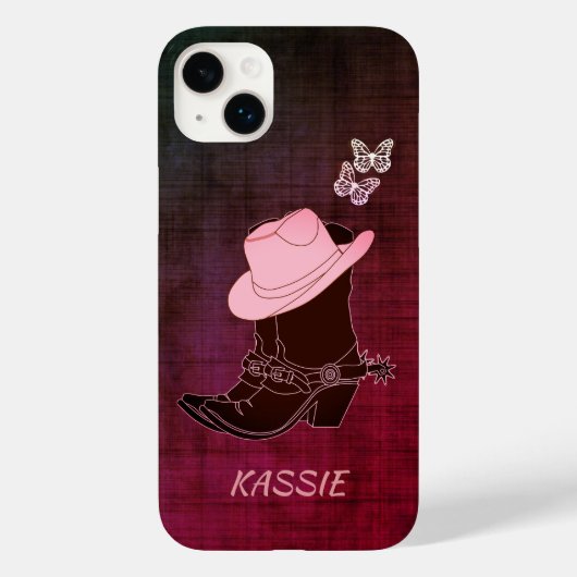 女性のカーボーイブーツハットバタフライブルゴーニュパーソナライズされた Case-Mate iPhoneケース (裏面)
