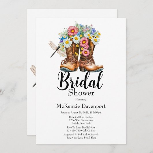 女性のカーボーイブーツフローラトンフライブライダルシャワー 招待状 (正面/裏面)