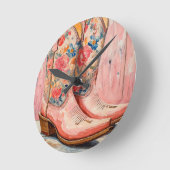 女性のカーボーイブーツフローラピンクヴィンテージウェスタン ラウンド壁時計 (傾斜)