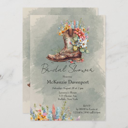 女性のカーボーイブーツブルーボンネットデイジーブライダルシャワー 招待状 (正面/裏面)