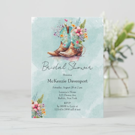 女性のカーボーイブーツワイルドフラワーアクアブライダルシャワー 招待状 (スタンド正面)