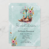 女性のカーボーイブーツワイルドフラワーアクアブライダルシャワー 招待状 (正面/裏面)