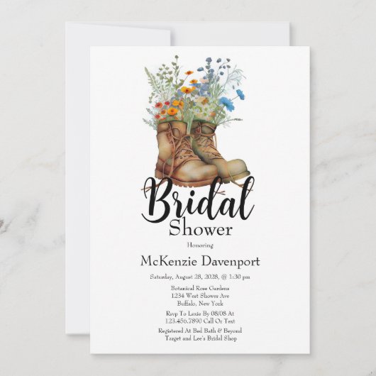 女性のカーボーイブーツワイルドフラワーズブライダルシャワー 招待状 (正面)
