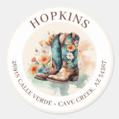 女性のカーボーイブーツ花差出人住所ラベル ラウンドシール (正面)