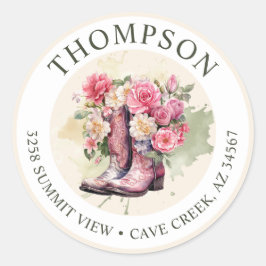 女性のカーボーイブーツ花差出人住所ラベル ラウンドシール