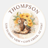 女性のカーボーイブーツ花差出人住所ラベル ラウンドシール (正面)