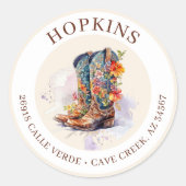 女性のカーボーイブーツ花差出人住所ラベル ラウンドシール (正面)