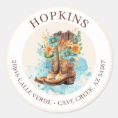 女性のカーボーイブーツ花差出人住所ラベル ラウンドシール (正面)