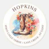 女性のカーボーイブーツ花差出人住所ラベル ラウンドシール (正面)