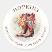 女性のカーボーイブーツ花差出人住所ラベル ラウンドシール (正面)