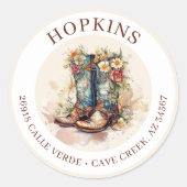 女性のカーボーイブーツ花差出人住所ラベル ラウンドシール (正面)