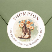 女性のカーボーイブーツ花差出人住所ラベル ラウンドシール