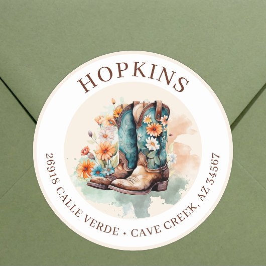 女性のカーボーイブーツ花差出人住所ラベル ラウンドシール